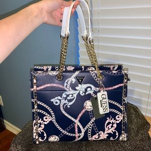 RARE Navy Chain Print Whipstitch Guess Tote Bag